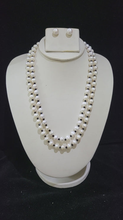 Double Layer Real Pearls Necklace | White pearls with black swarovski beads crystal