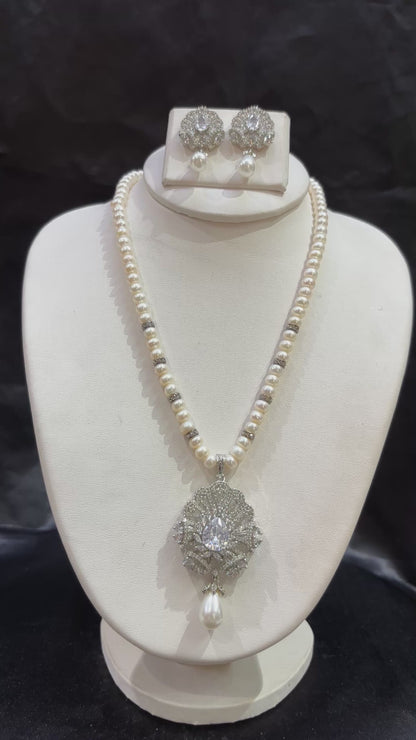 Elegant White Pearl Pendant Set with American Diamonds