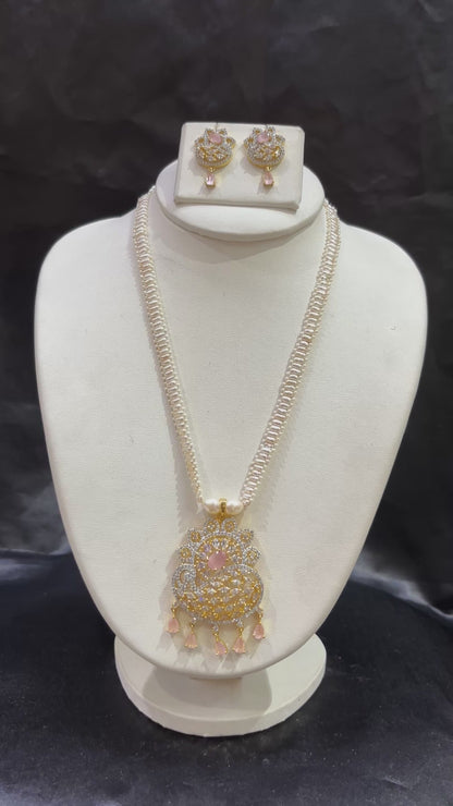 Freshwater Pearl Necklace Set with Blush Pink CZ Designer Pendant – Code 50022