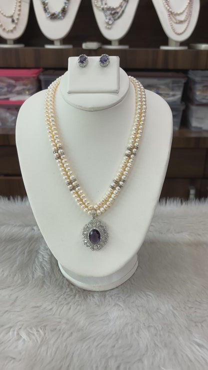 Royal Pearl Necklace Set with Blue Stone Pendant & Earrings