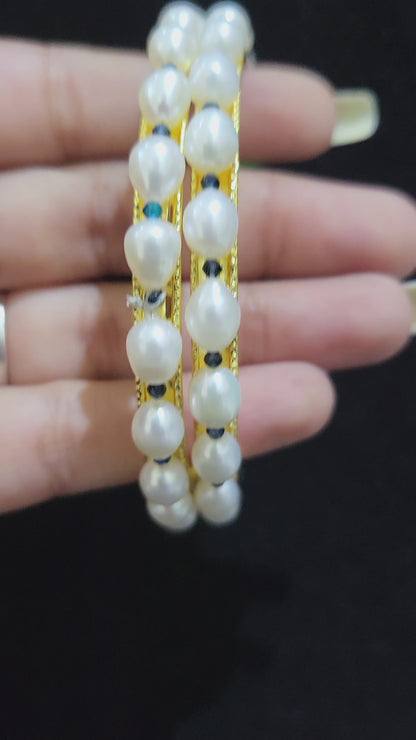 Set of 2 | Real Pearl Bangles White with Blue Beads (Gold Alloy Base) | Sizes 2.2 to 2.10