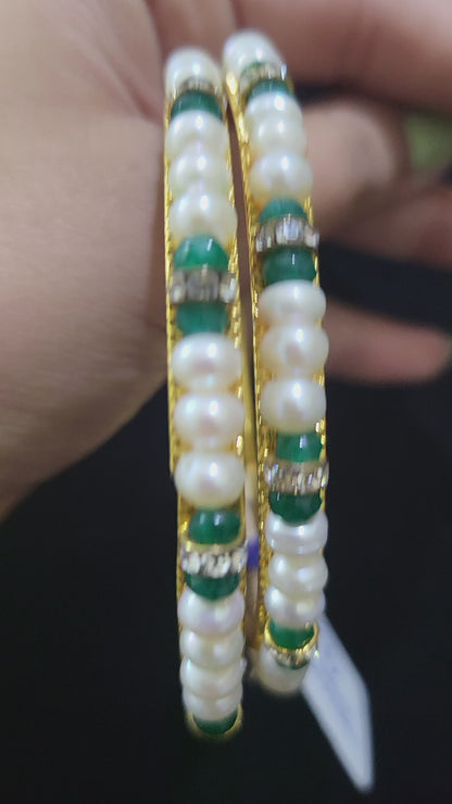 Set of 2 | Real Pearl Bangles with Gold Alloy Base (Green Beads) | Sizes 2.2 to 2.10