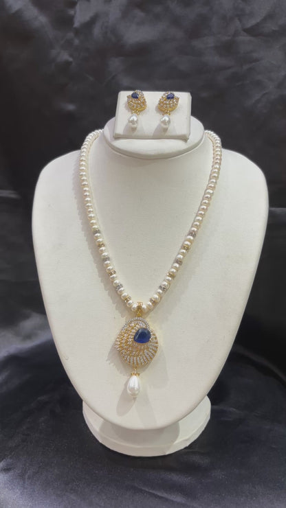 Royal Blue Stone Freshwater Pearl Pendant Necklace Set – Code 50006
