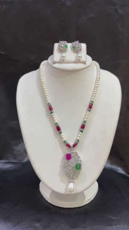 Freshwater Pearl Necklace Set with Ruby & Emerald Designer Pendant – Code 50020