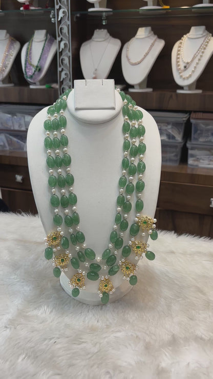 Emerald Green Beaded Pearl Necklace Set
