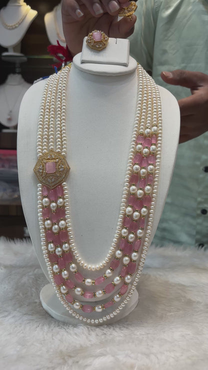 Pink Stone & Pearl Multi-Layer Necklace Set