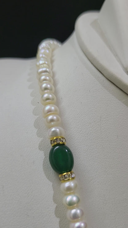 Single Layer Real Pearls Necklace | White pearls & green onax oval beads